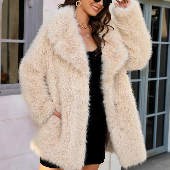 . Jackets & Blazers - Apricot Preppy Womens Lapel Neck Slant Pockets Fuzzy Coat